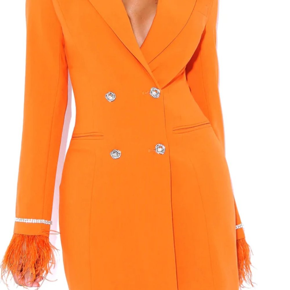 Miss Circle Quilla Orange Feather Crystal Sleeve Backless Blazer Dress